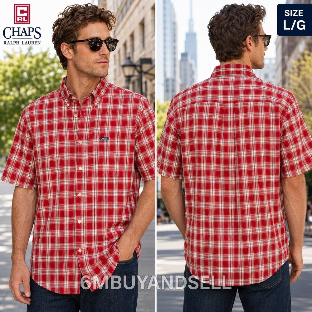 Chaps Ralph Lauren Mens Large Red Plaid Short Sleeve‎ Button Down Shirt Cotton
